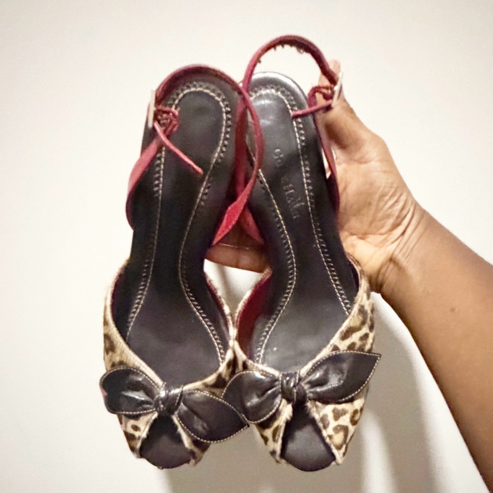 Cole haan Women's Leopard Print Peep-Toe Slingback Heels - Red Trim 7.5 size